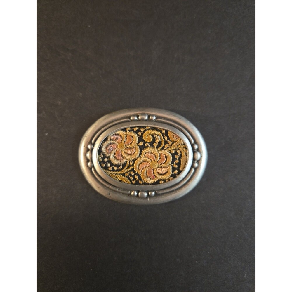 Medallion Floral Fabric Center MARCIE USA Vintage Silvertone Brooch Pin